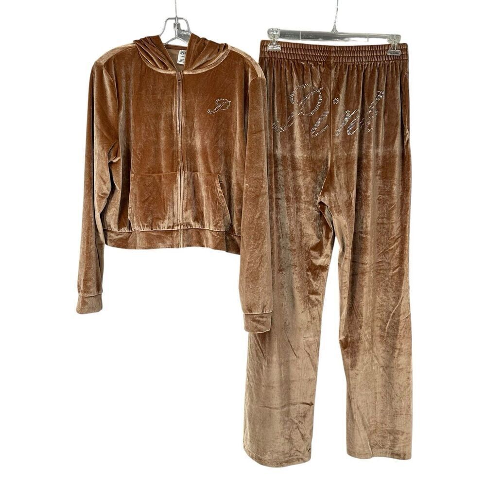 Victorias Secret Velour Track Suit Set Tan Size L XL Rhinestone Logo Lounge